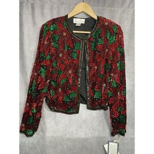 VTG 80's Laurence Kazar Silk Beaded Sequin Poinsettia Cropped Evening Jacket PL